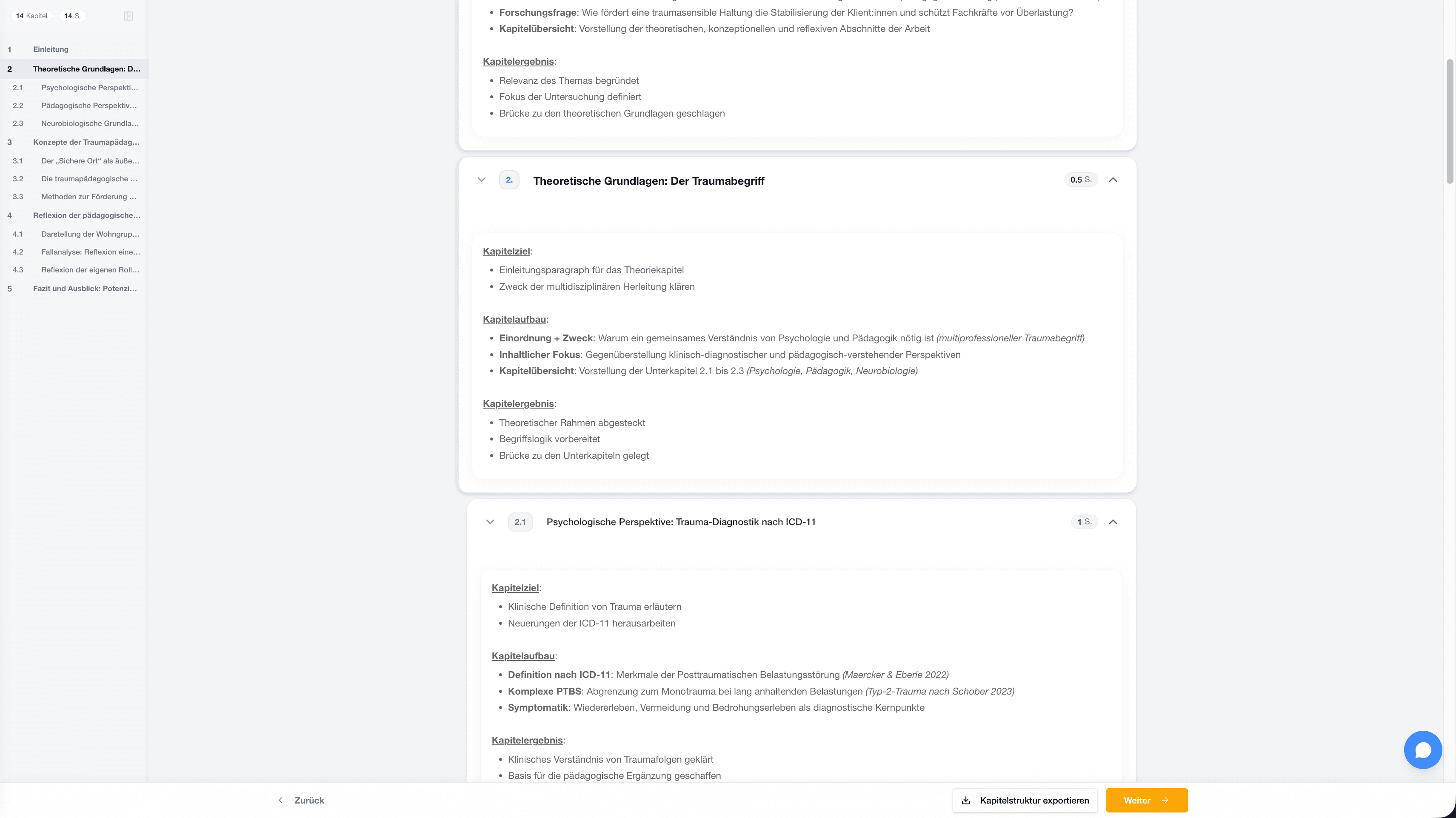 StudyTexter Kapitelstruktur mit geplanten Abschnitten