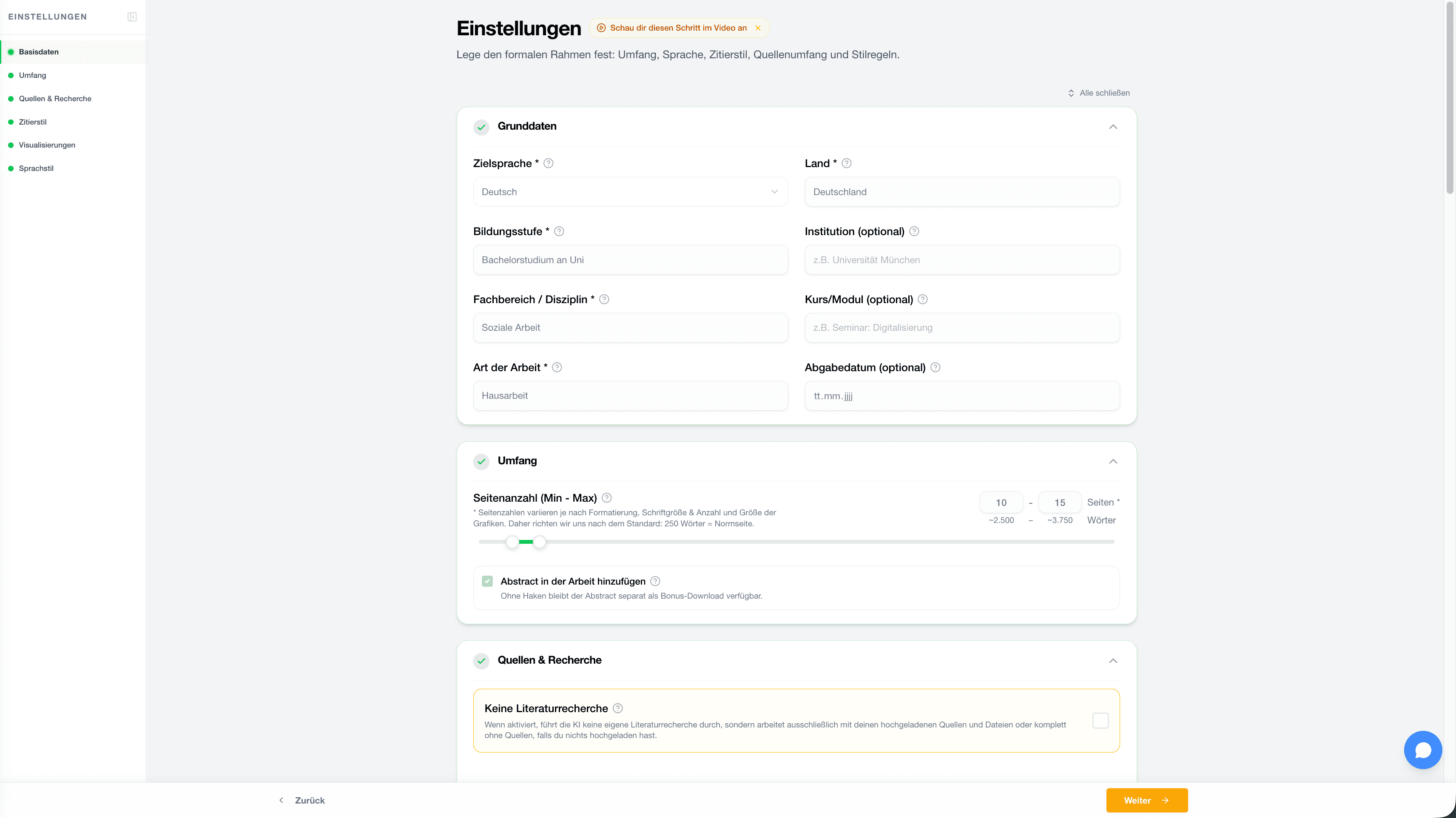 StudyTexter Einstellungen für Umfang, Sprache, Land und Fachbereich