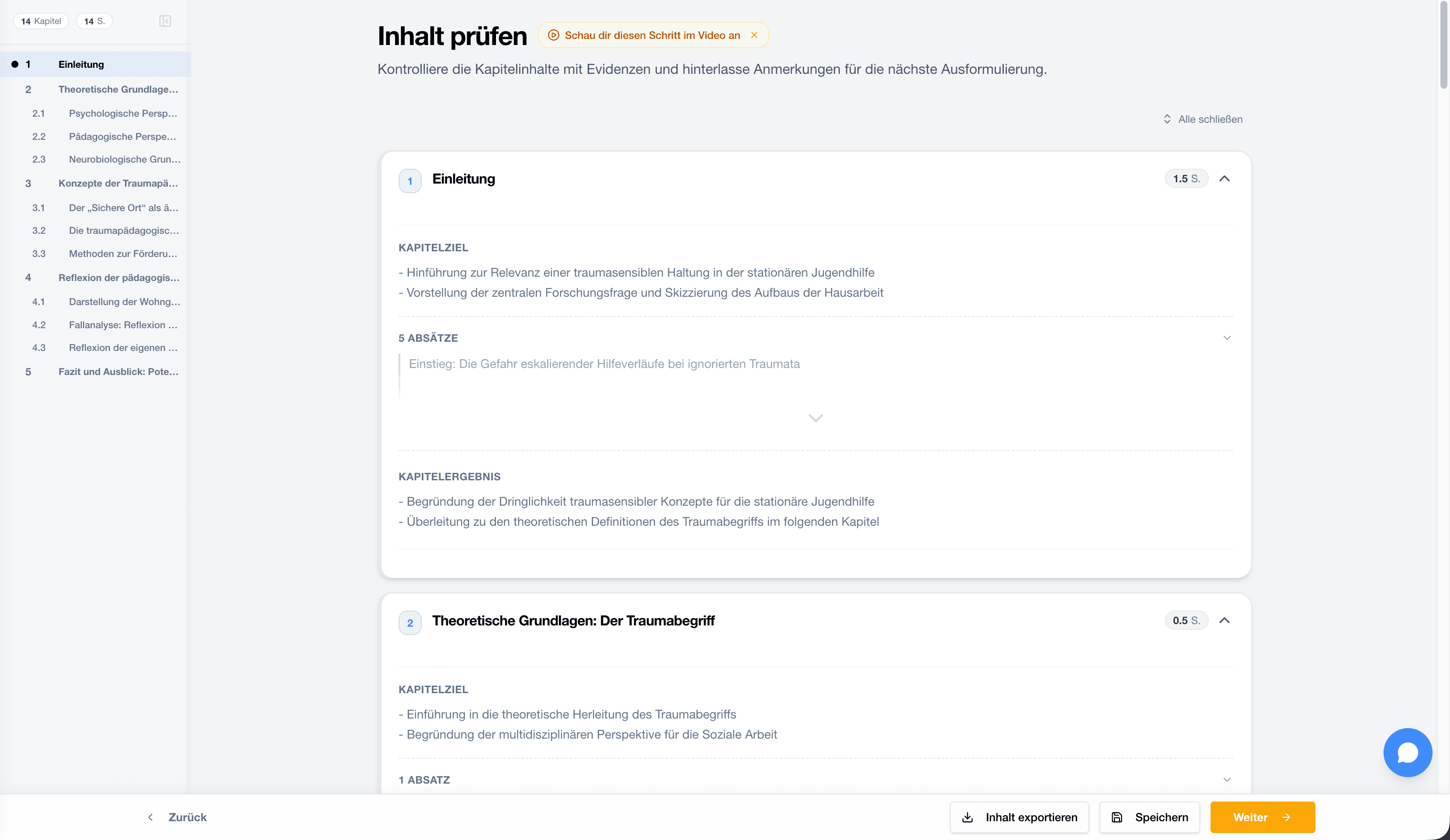 StudyTexter Prüfansicht mit Feedback zu Kapiteln und Inhalten