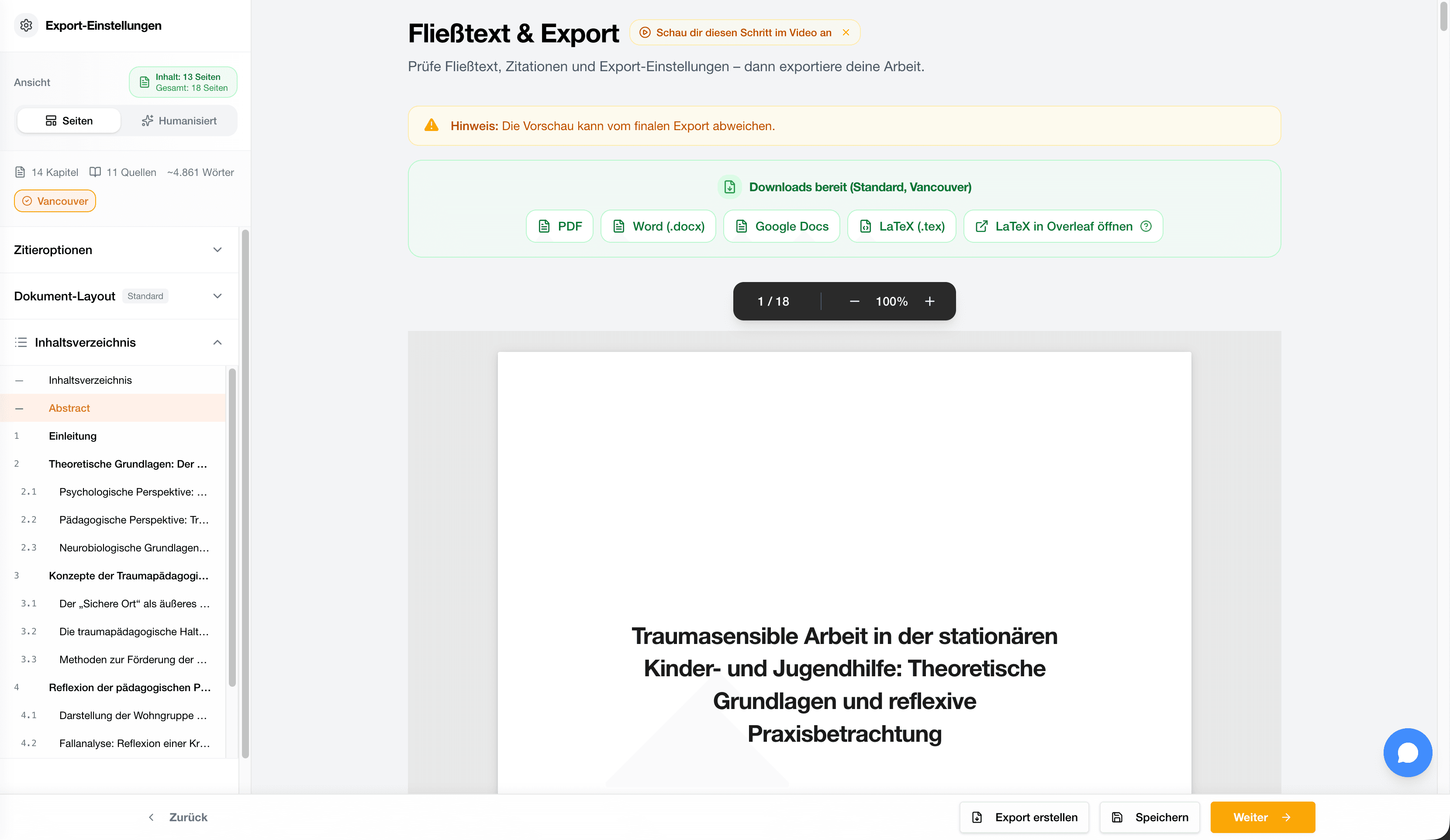 StudyTexter Exportansicht mit Downloads und finaler Kontrolle